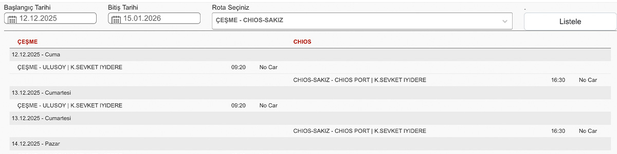 Çeşme Sakız adası feribotu gidiş dönüş saatleri Çesme Sakız feribot sefer saatleri